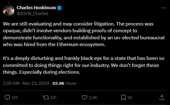 Cardano Snubbed for Wyoming Stablecoin Project: Hoskinson Hints at Legal Action